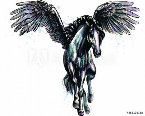 Pegasus mythical winged horse from splash of watercolors. Hand drawn sketch