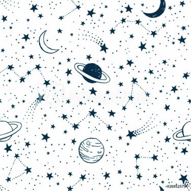 Seamless dark blue space pattern with planets, constellations and stars - 901154823