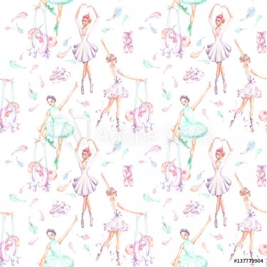 Seamless pattern with watercolor ballet dancers, puppet unicorns, feathers and pointe shoes, hand drawn isolated on a white background