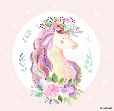 Vintage illustration with cute unicorn on pink background - 901154867