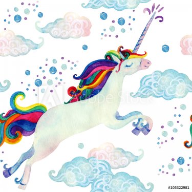Watercolor fairy tale seamless pattern with flying unicorn, magic clouds and ... - 901154854