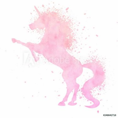 Watercolor unicorn silhouette painting with splash texture isolated on white background.