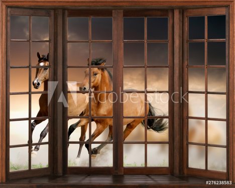 3d wallpaper, Horses running, 3D window view decal wall sticker - 901154968