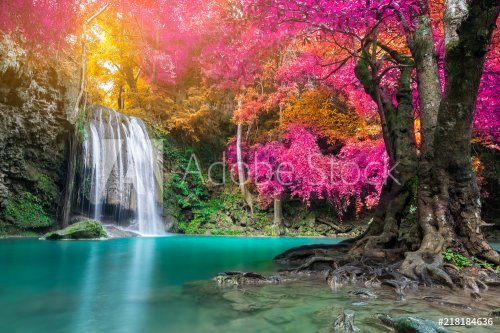 Amazing beauty of nature, waterfall at colorful autumn forest