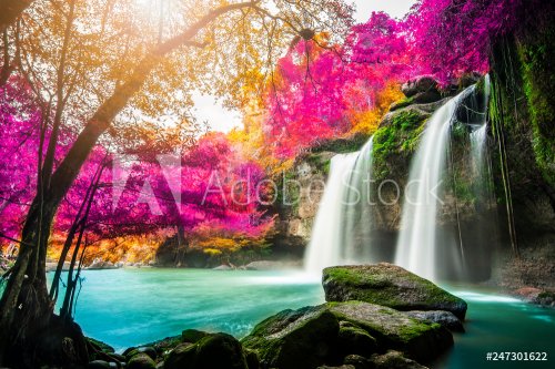 Amazing in nature, beautiful waterfall at colorful autumn forest in fall season - 901154989