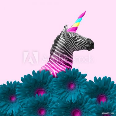 Dreaming about being better. An alternative zebra like a unicorn in blue flowers on pink background
