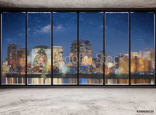 Empty modern interior space with city view at night and starry sky, Empty Bus... - 901154974