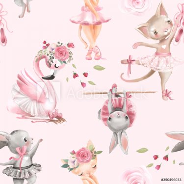 Beautiful, seamless, tileable pattern with watercolor ballerinas animals