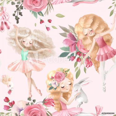 Beautiful, seamless, tileable pattern with watercolor ballerinas, ballet girl... - 901155077