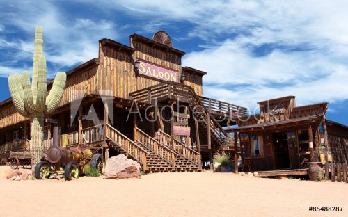 Old Wild West desert cowboy town with cactus and saloon - 901155189