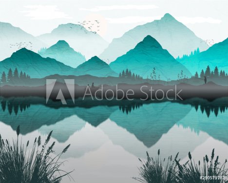Oriental Japanese landscape, with fishing boat and lone fisherman on banks of lake. Reflection of mountains and trees in water, mist forming over water. Graduated turqoise.
