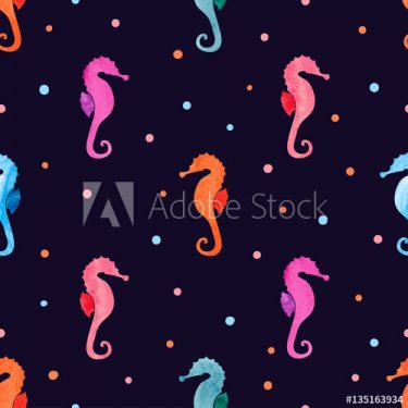 Sea horses seamless pattern. Vector watercolor colorful seahorse background.