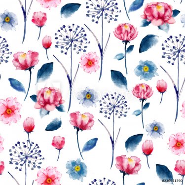 Seamless Bright Watercolor floral pattern, delicate flower wallpaper, wild flowers pink,tansy, pansies