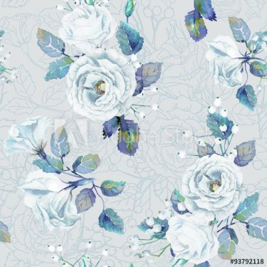 Seamless pattern of vector watercolor blue roses. - 901155029