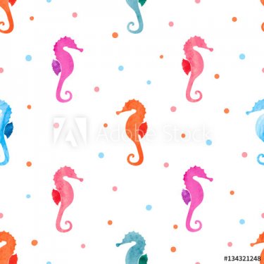 Seamless pattern with watercolor sea horses. Vector colorful seahorse background.
