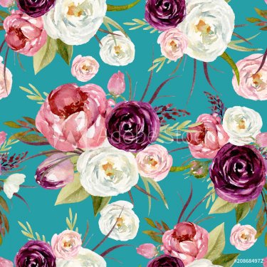 Seamless watercolor floral pattern with flowers and leaves composition on blue background