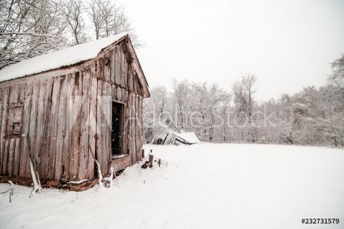 Snowing on Barn in Winter