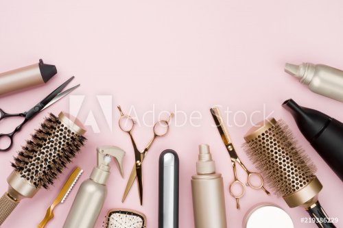 Various hair dresser tools on pink background with copy space - 901155042