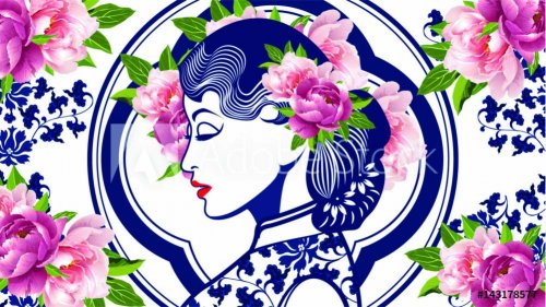Vector Blue and White Chinese Lady in Retro Style with Peony Flower. - 901155039