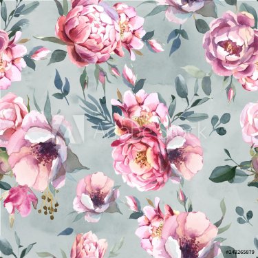 Watercolor seamless pattern of peony and blossom flowers