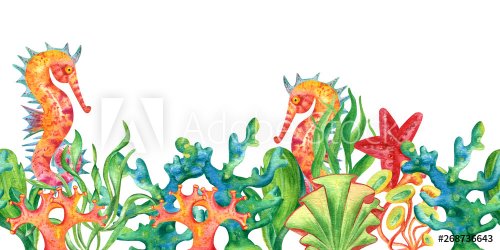 Watercolor seamless retro border with undersea plants, seaweed, starfish and seahorse. Vintage underwater background in green, gold and living coral