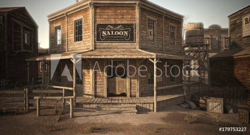 Western town saloon with various businesses . 3d rendering