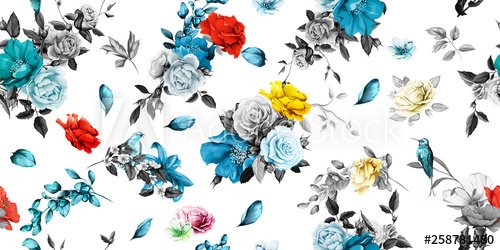 Wide seamless background pattern. Rose, peony, poppy, pomegranate buds and nightingales on white.