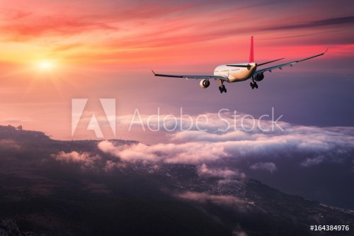 Airplane. Landscape with big white passenger airplane is flying in the red sk... - 901155207