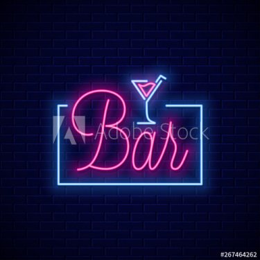 Bar neon sign. Neon banner of cocktail bar on wall