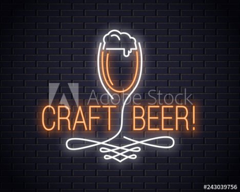 Beer glass neon sign. Craft beer neon logo on wall