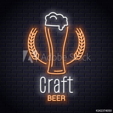 Beer glass with wheat neon logo. Craft brewery - 901155282