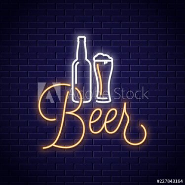 Beer neon banner. Bottle and beer glass neon sign on wall background