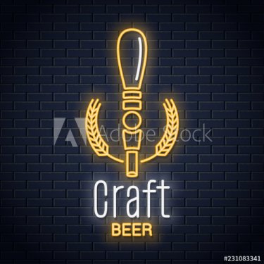 Beer tap neon logo. Craft beer neon sign on black background - 901155288