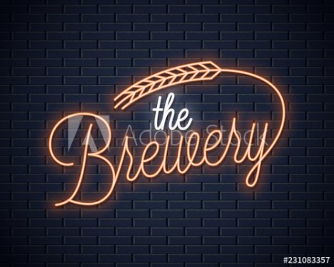 Beer vintage neon lettering. Brewery neon sign with wheat on black background - 901155287