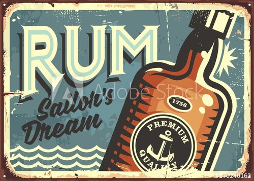Rum vintage tin sign. Retro poster with bottle of alcoholic drink.