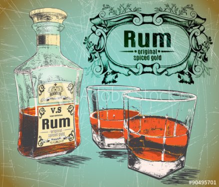 Rum was pour in two glasses with bottle on shabby background