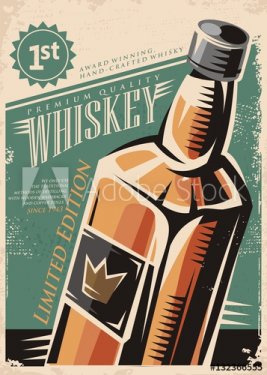 Whiskey retro vector poster design with whisky bottle on old paper background - 901155274