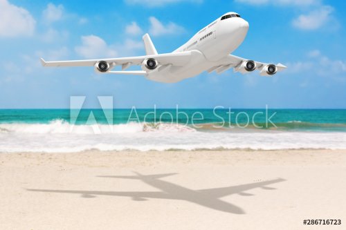 White Jet Passenger's Airplane over Ocean Deserted Coast. 3d Rendering - 901155203