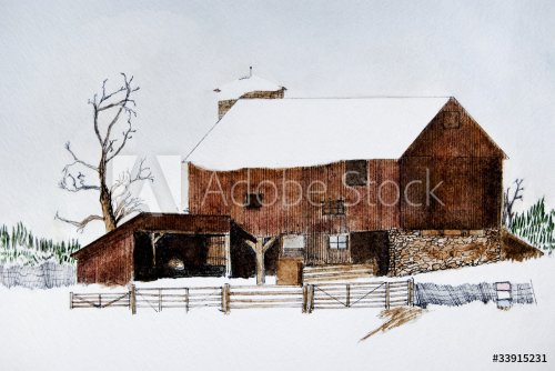 Winter watercolor of barn - 901155300
