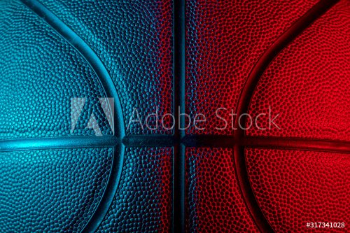 Closeup detail of basketball ball texture background. Blue neon Banner Art concept