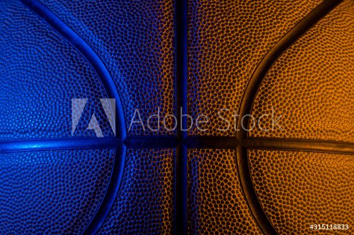 Closeup detail of basketball ball texture background. Blue neon Banner Art co... - 901155638