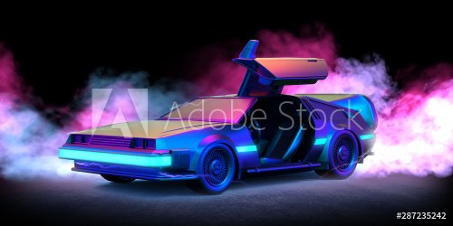 Future car retro 80th illustration with blue and pink smoke and black background - 901155454