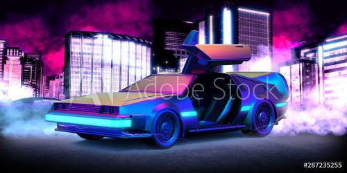 Future car, retro 80th illustration with blue and pink smoke and cyberpunk city in the background