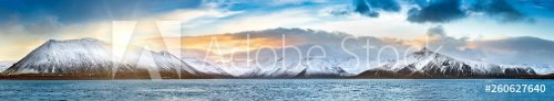 Icelandic winter panorama in Vesturland region with Lambahnukur, Gunnulfsfell, Snjogilskula, Kolgrafamuli mountain peaks behing Kolgrafafjordur fjord