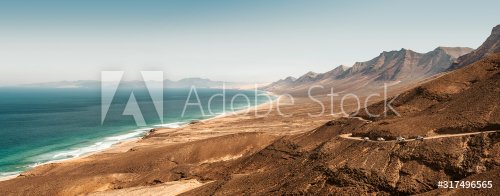 Panoramic, aerial view of a Cofete Beach at Fuerteventura, Spain - 901155504