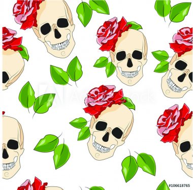 seamless color pattern skull with flowers and leaves.skull with rose - 901155492