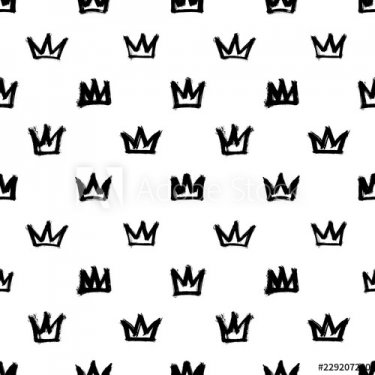 Seamless pattern with various crowns isolated on white background. Rough brush painted shapes. Ink street-style abstract grunge illustration.