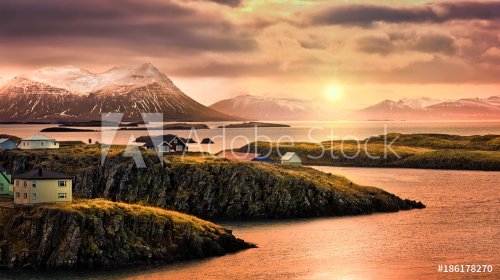 Stykkisholmur rocky fjords at sunset. Stykkisholmur is a town situated in the... - 901155474