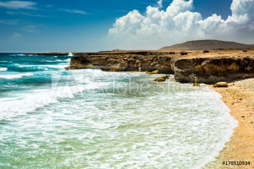 Sunny summer day with blue sky on the eastern shore of Aruba. Foamy waves spl... - 901155486