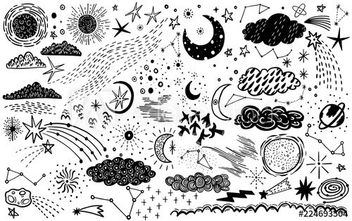 Vector set sketch hand drawn with space, star, cloud, sun, moon, comet. Doodle style.